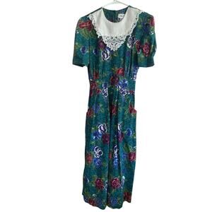 Miss Dorby Vintage 80's Floral CottageCore White Bib Collar Puff Sleeves Size 10